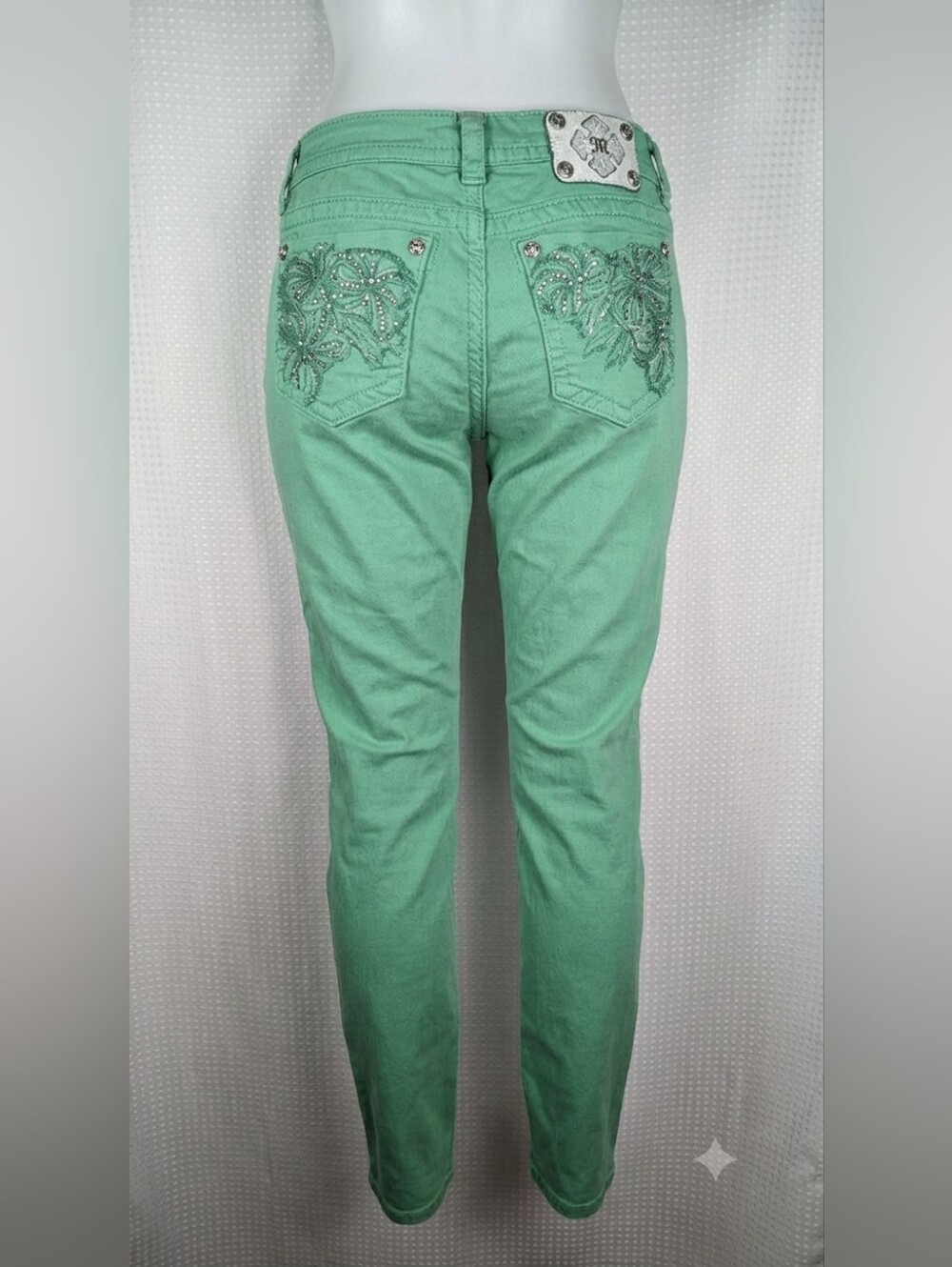 Miss Me Size 31 Low Rise Y2K Peppermint Green Skinny Embellish Bling Jeans